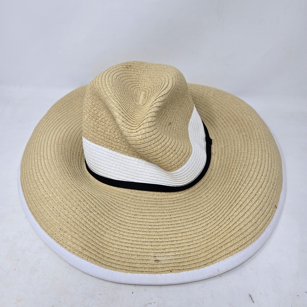 Filippo Catarzi Italy Wide Brim Straw Sun Hat Tan White‎ Ribbon Paper Blend NWT